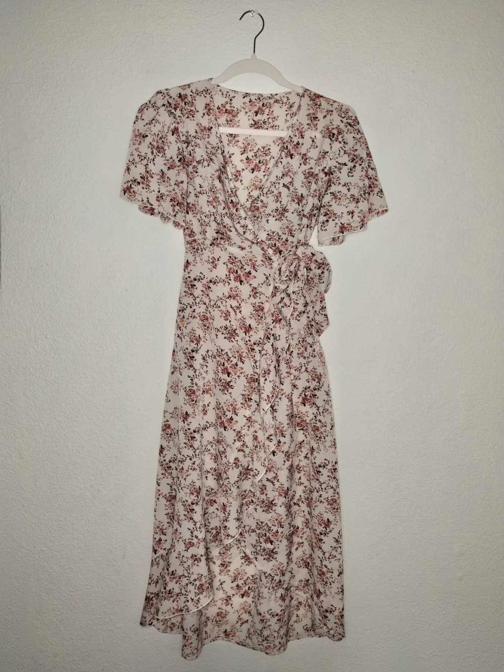 SHEIN Cream Midi Wrap Dress with Pink Floral Accents